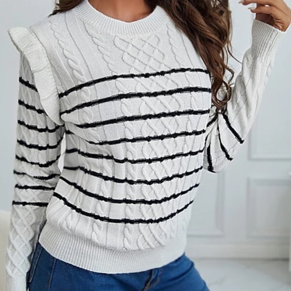 Black/White Striped Cable Knit Sweater in M and L - Picture 3 of 4
